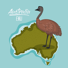 poster emu in australia map in green surrounded by the ocean vector illustration