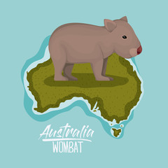 poster wombat in australia map in green surrounded by the ocean vector illustration