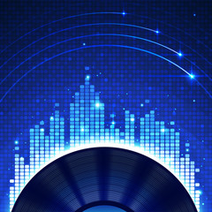 Vector illustration of spinning record and a blue equalizer sound wave forming a city in the background.