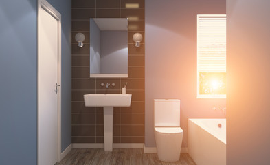 Scandinavian bathroom, classic  vintage interior design. 3D rendering. Sunset