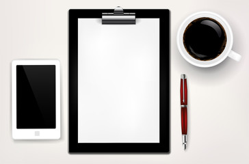 Phone, pen, coffee and empty paper clip