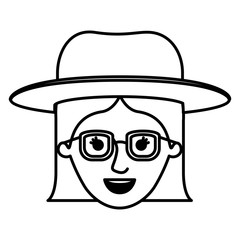 female face with hat and glasses with short straight hairstyle in monochrome silhouette vector illustration