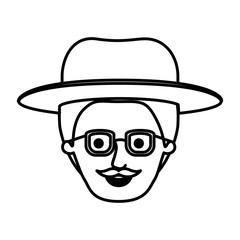 male face with hat and glasses with short hair and moustache in monochrome silhouette vector illustration