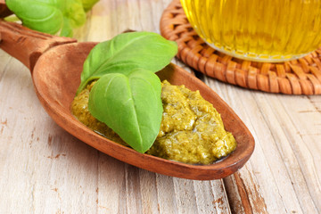 italian pesto sauce from basil with oil