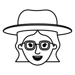 female face with hat and glasses and short wavy hair in monochrome silhouette vector illustration