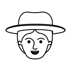 male face with hat and middle part hairstyle in monochrome silhouette vector illustration