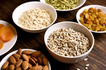 Healthy breakfast with nuts, seeds and dried fruits