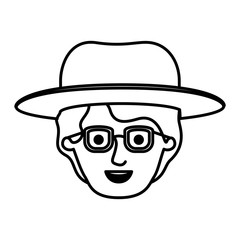 male face with hat and glasses and short wavy hair in monochrome silhouette vector illustration