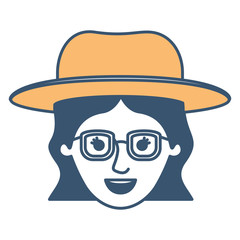 female face with hat and glasses and short wavy hair in color sections silhouette vector illustration