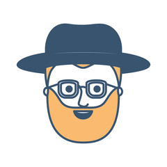 male face with hat and glasses and short hair and full beard in color sections silhouette vector illustration