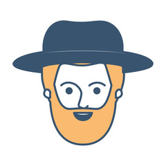 male face with hat and short hair and bearded in color sections silhouette vector illustration