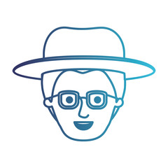 male face with hat and glasses with modern hairstyle in degraded blue silhouette vector illustration