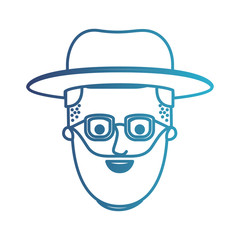 male face with hat and glasses and beard and side parted hairstyle in degraded blue silhouette vector illustration