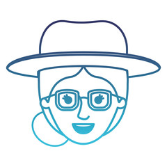 female face with hat and glasses and collected hair in degraded blue silhouette vector illustration