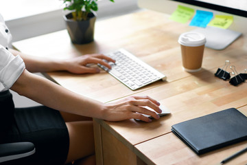 Work. Woman Hands Typing On Keyboard At Workplace.