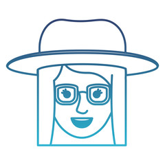 female face with hat and glasses and short straight hairstyle in degraded blue silhouette vector illustration