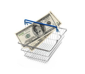 Shopping basket with dollar bank notes, bills isolated on white background