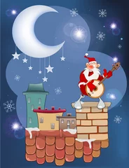 Zelfklevend Fotobehang Illustration of the Cute Santa Claus Musician on the Roof © liusa