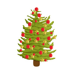 Christmas tree, decorated for the new year and Christmas. Red balls and golden stars. Vector object for the production of postcards, banners and pictures.