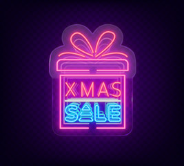 Christmas sale discounts, card postcard in neon style. Neon sign, bright poster, luminous night advertising Christmas sales. Vector illustration. Neon sign on transparent glass