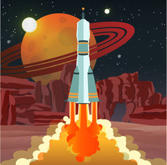 The space rocket carrier takes off from a strange planet. Start in the background of a planet with rings. Jupiter, Saturn, Uranus, Neptune. Colonization. The conquest of the cosmos. Space travel