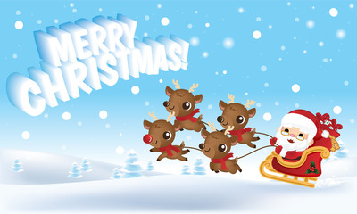  Merry Christmas , Cute cartoon Santa Claus with gift bag riding reindeer sleigh on winter snowing background