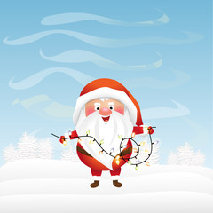 Christmas Santa Claus holds a garland in her hands. Winter morning. Cute vector character.