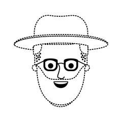 male face with hat and glasses and beard and side parted hairstyle in black dotted silhouette vector illustration