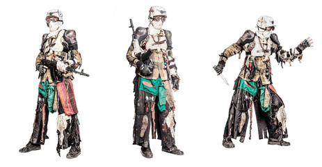 Fototapeta na wymiar Post apocalyptic survivor creature with homemade weapons set collection