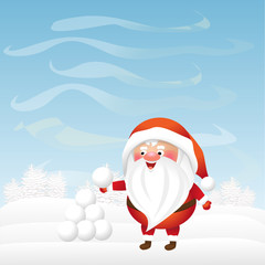 Christmas Santa Claus playing snowballs. Winter morning. Cute vector character.
