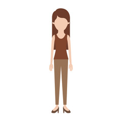 faceless woman full body with t-shirt sleeveless and pants and heel shoes with long straight hair in colorful silhouette vector illustration