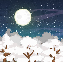 Winter vector landscape with the tops of the snow-covered trees and a starry night sky. Big Full Moon