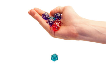 hand holding plastic board gme dice isolated on white background.