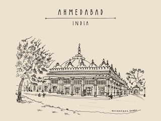 Tomb of Sheikh Ganj Baksh in Sarkhej Roza near Ahmedabad (Ahmadabad), Gujarat, India. Ornate stonework. Travel sketch art. Vintage hand drawn postcard in vector © babayuka