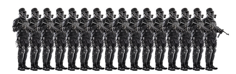 Line of futuristic nazi soldiers in gas mask and steel helmet with schmeisser handgun isolated on...