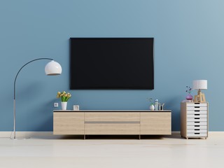 Smart Tv cabinet in modern empty dark room,minimal designs, 3d rendering