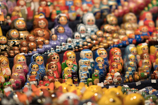 Collection of matryoshka dolls at a tourist gift shop. Selective focus