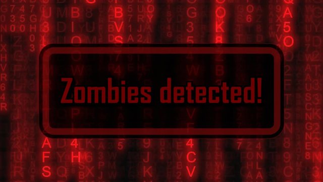 The text Zombies detected, appearing on a board over random symbols falling down (code rain, a popular sci-fi movie effect), changing their color from green to red.
