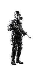 Futuristic nazi soldier gas mask and steel helmet with schmeisser handgun isolated on white studio shot full body portrait