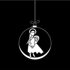 Obraz premium Flat Christmas Ball with Bow, Maria and Baby Jesus Christ. Vector Bauble with Mother Maria and Baby Jesus Figure decorative xmas ornament. Illustration isolated on black background. 
