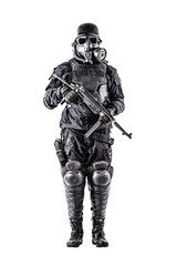 Futuristic nazi soldier gas mask and steel helmet with schmeisser handgun isolated on white studio shot full body portrait