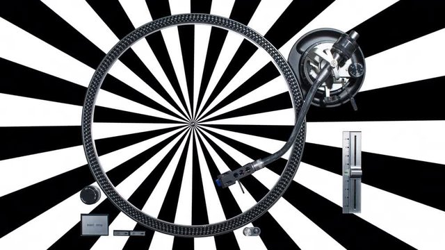 a cutout of a vinyl record player with hypnotic motion graphics backgrounds