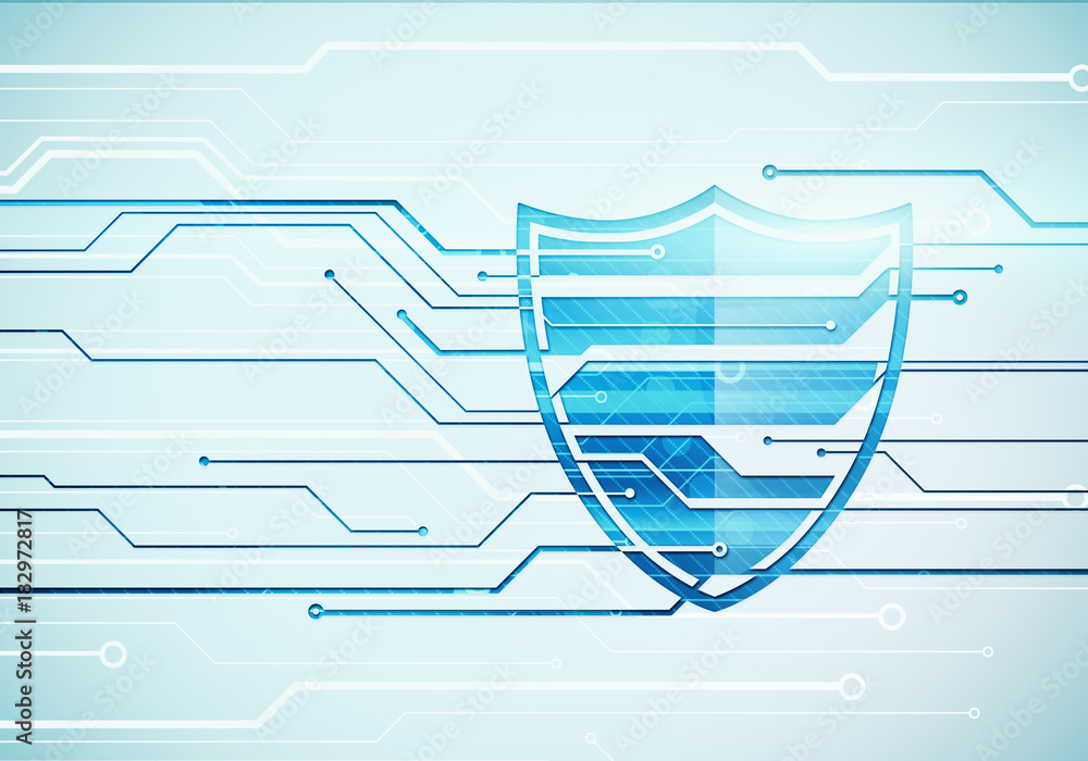 Poster abstract digital concept illustration of internet data security and safety with shield on circuit mi