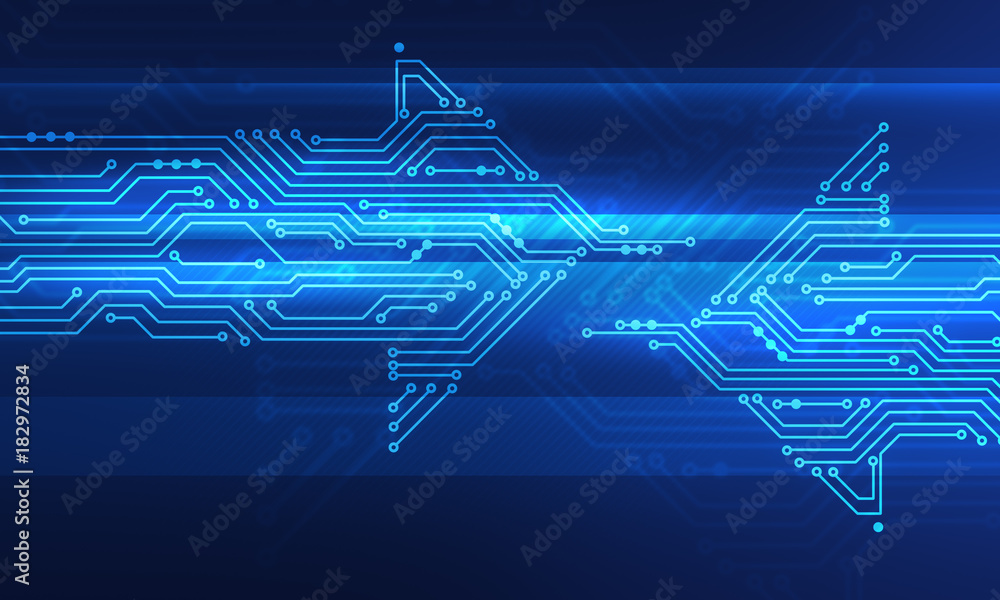 Poster abstract digital illustration of two microchip board on arrow shape moving opposite each other on bl