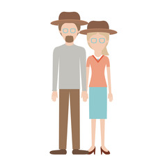 faceless couple colorful silhouette and both with hat and glasses and him with goatee beard and shirt and pants and shoes and her with blouse and skirt and heel shoes with ponytail hairstyle vector