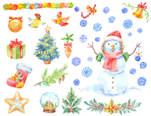 Watercolor Christmas stickers. Set of hand-drawn decoration