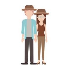 faceless couple colorful silhouette and both with hat and pants and him with shirt and jacket and pants and shoes and her with blouse and heel shoes with long straight hair vector illustration