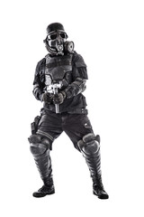 Futuristic nazi soldier gas mask and steel helmet with schmeisser handgun isolated on white studio shot full body portrait