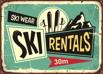 Ski rentals retro tin sign design