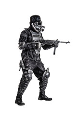 Futuristic nazi soldier gas mask and steel helmet with schmeisser handgun isolated on white studio...